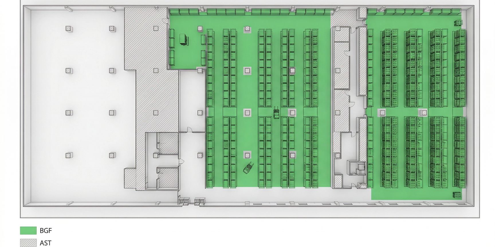 Detailed warehouse floor plan shows net storage area marked in green and non-usable areas such as pillars and technology marked in red. Optimized for logistics planning